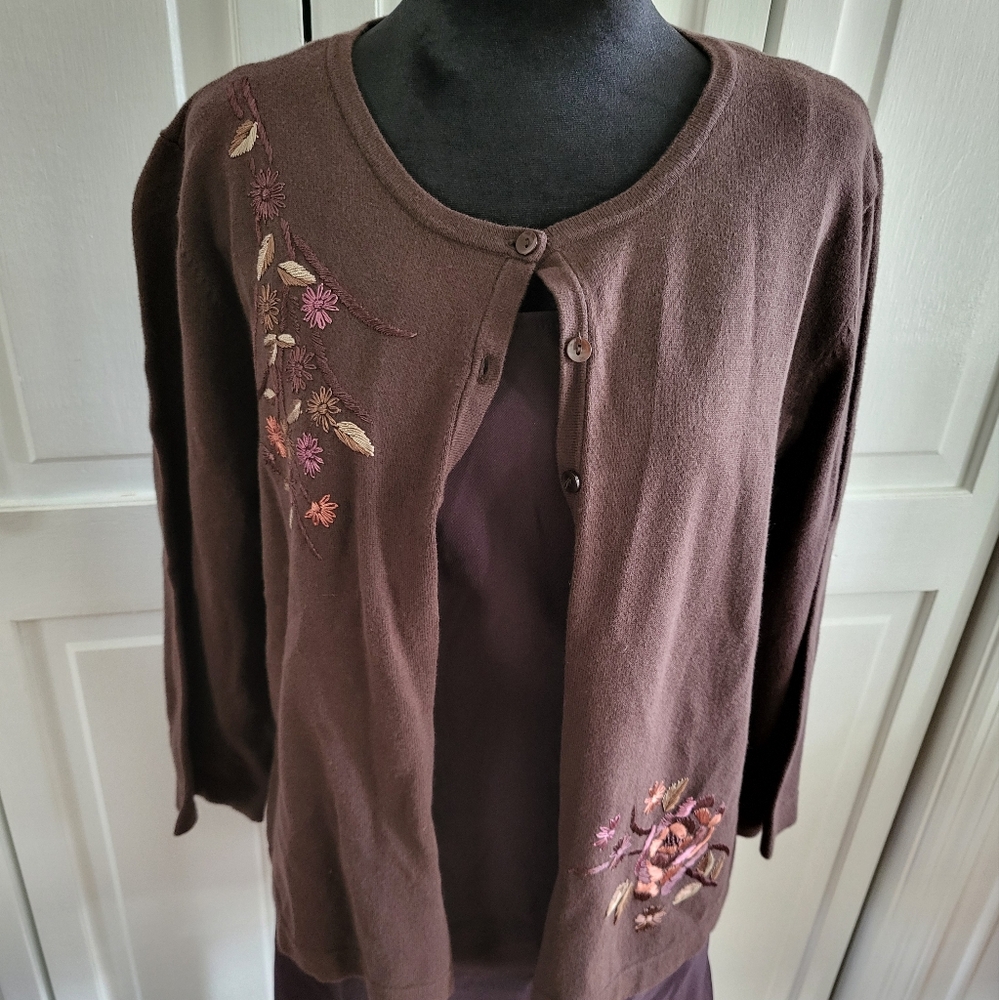 Vintage Y2k Brown Floral Embroidered 3/4 Sleeve Cardigan Sz L Whimsygoth Cottage